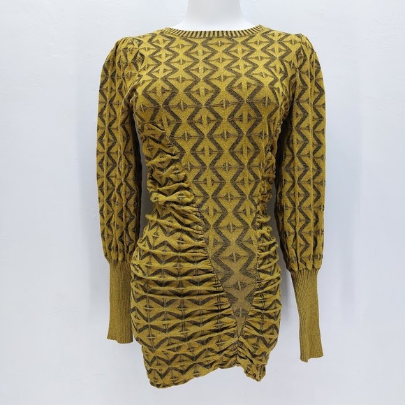 Zara Dresses & Skirts - Zara Knit Dress Women's Small Mustard Geometric Ruched Puff Sleeve‎ Mini Retro
